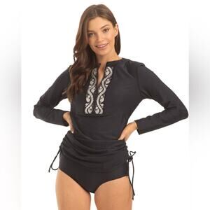 NWOT Cabana Life Embroidered Black Swim Shirt Rashguard Bathing Suit Top Dress S